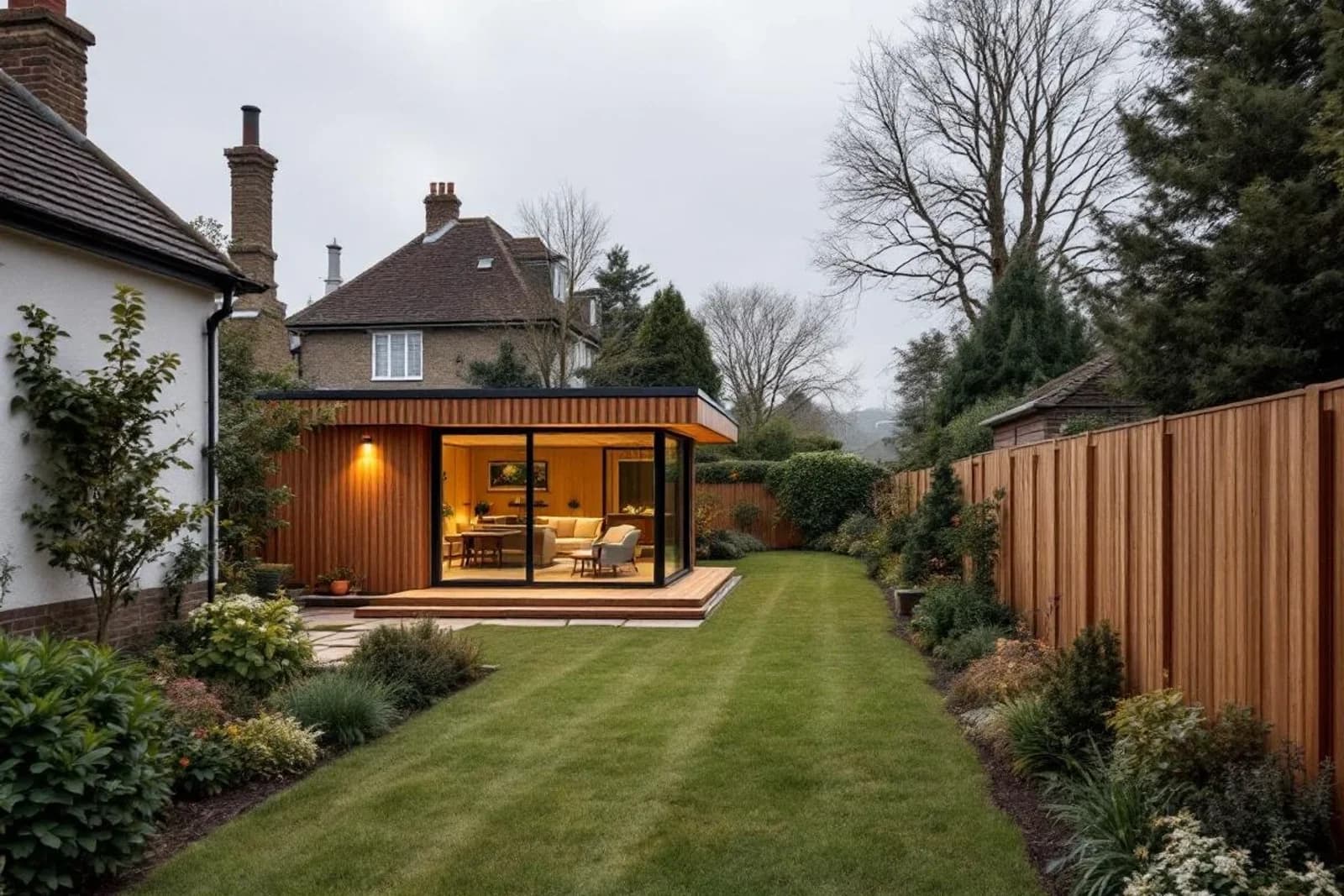 A cedar-clad garden room with full-width glazed sliders, sitting on a flagstone path at the back of a long Surrey garden