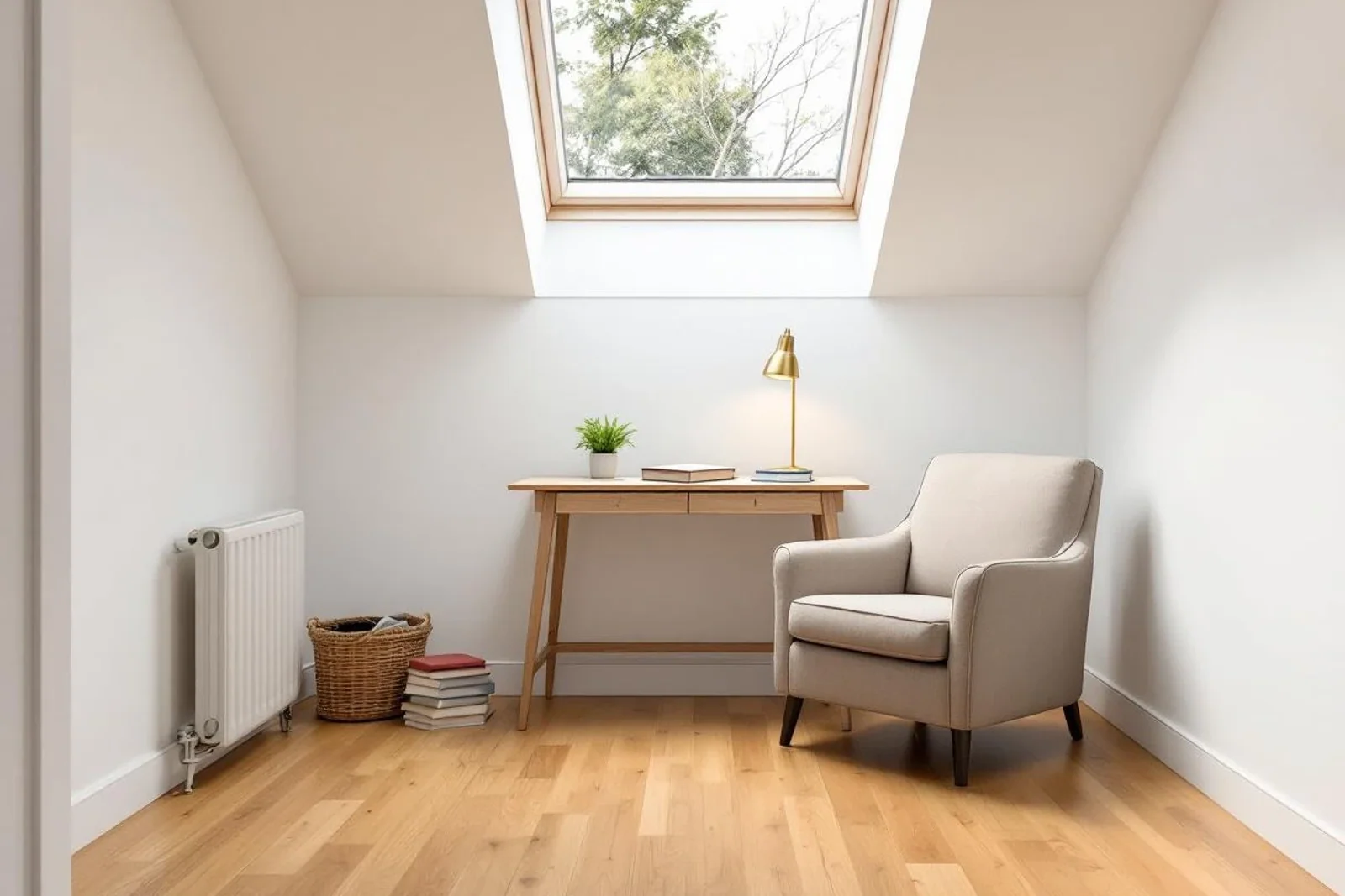 Inside the Surrey studio: oak floor, north-facing roof light, a writing desk against the back wall