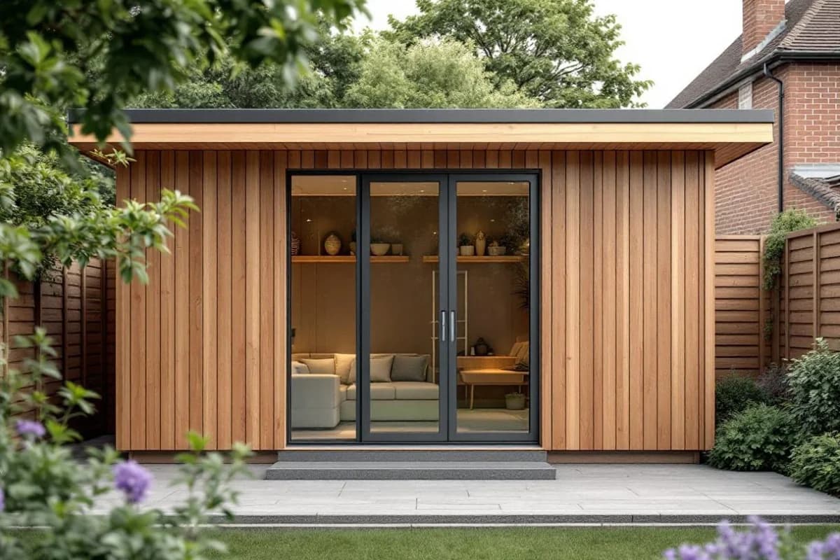 A cedar-clad modern garden office in a suburban UK garden