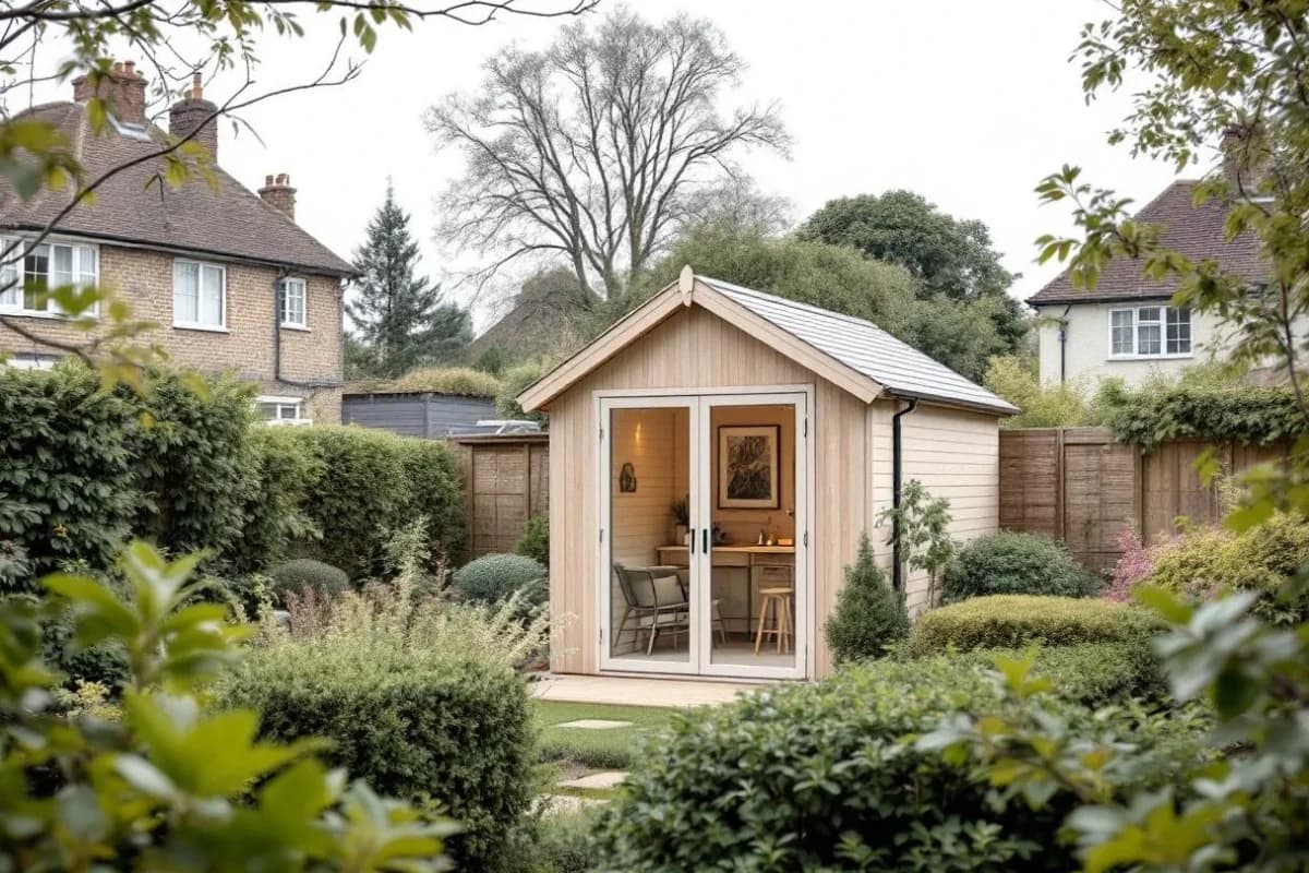 A larch-frame Scandi-style garden studio with a simple gable roof