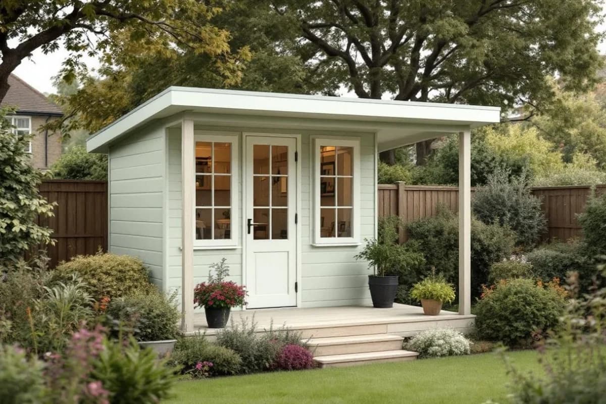 A painted-shiplap traditional summer house with a small veranda