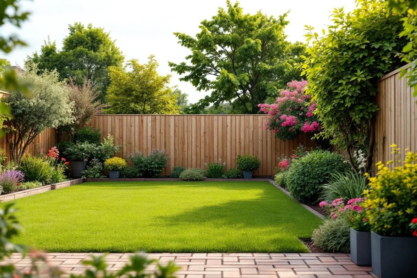 A south-facing London suburban garden with a lawn, mature shrubs, and a wooden fence at the back