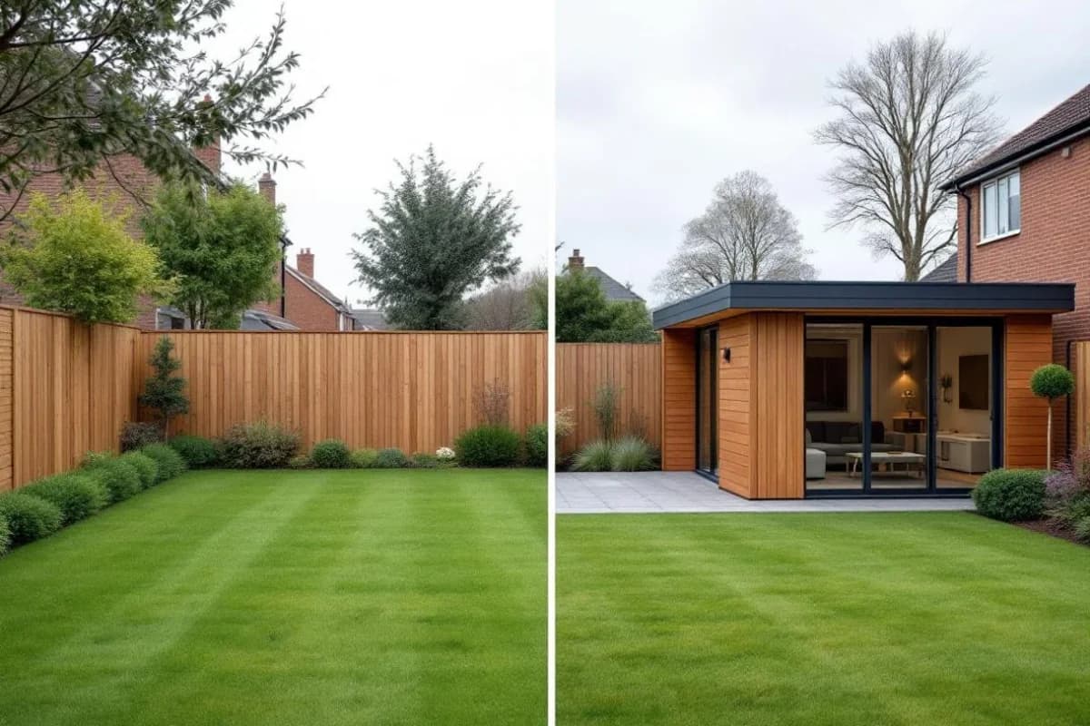 Three rendered garden room designs shown side by side, each placed into the same garden photo