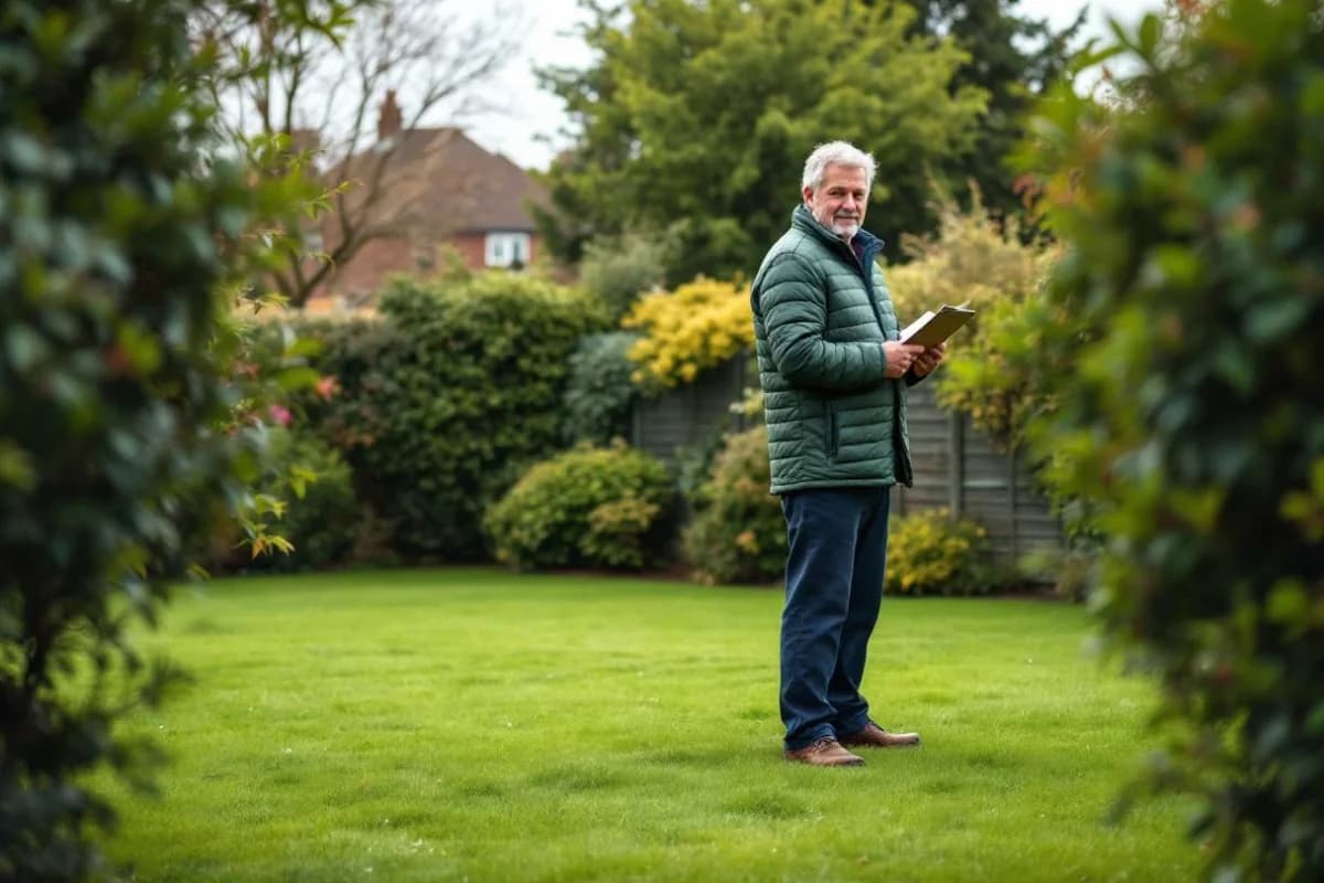 An installer carrying a tape measure and clipboard walking up the path of a UK home