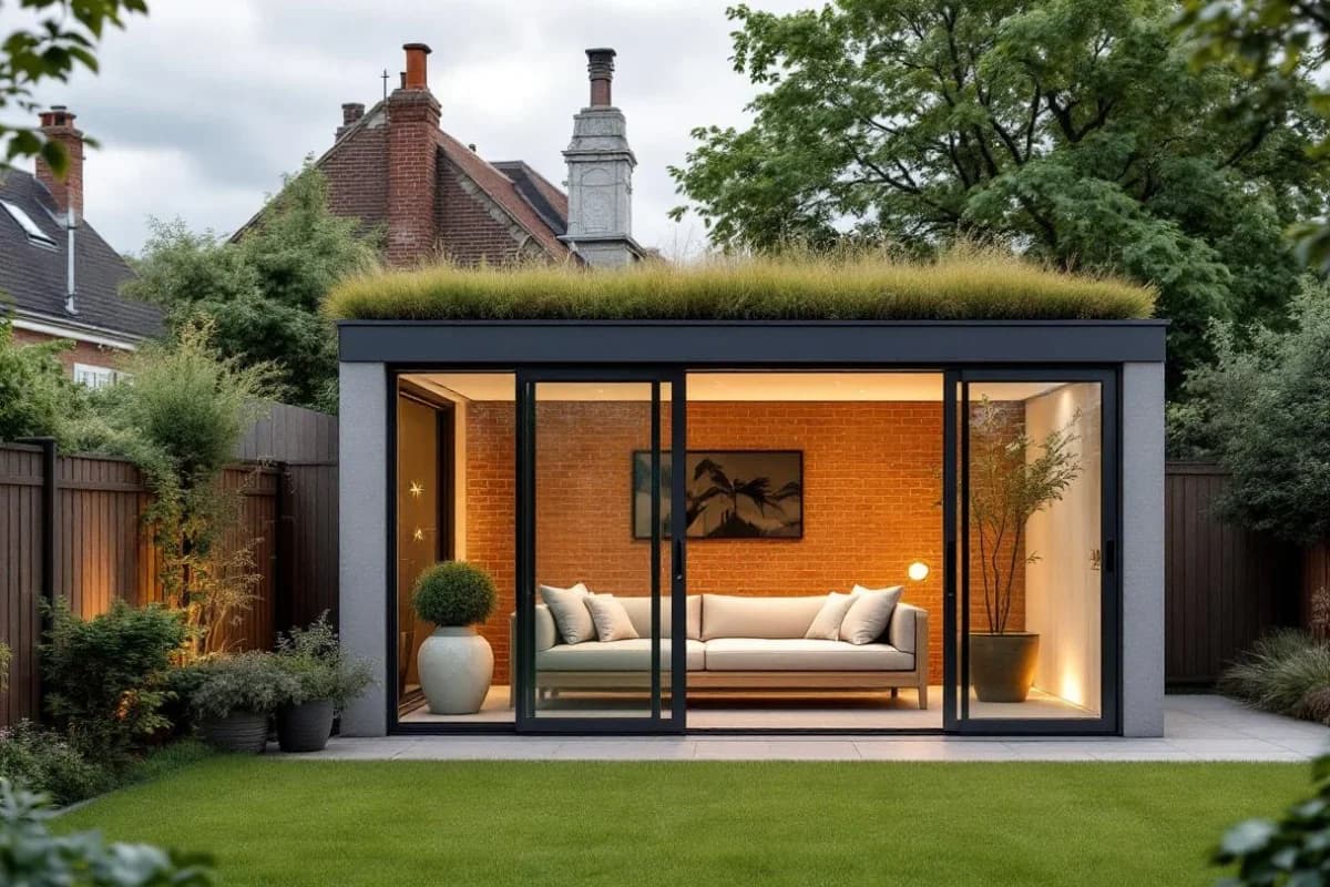 AI render of a premium glazed lounge with sedum roof placed in a suburban UK garden