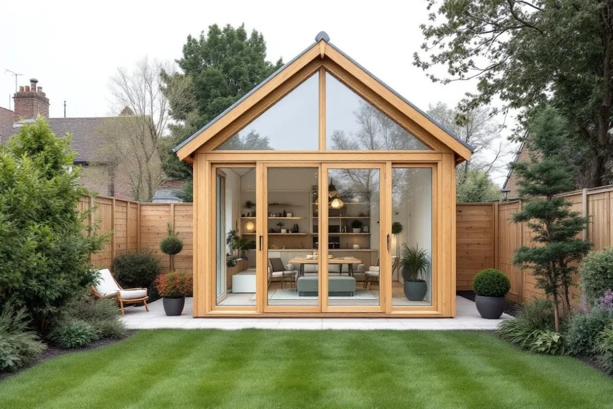 AI render of a larch-frame Scandi-style garden studio placed in a suburban UK garden